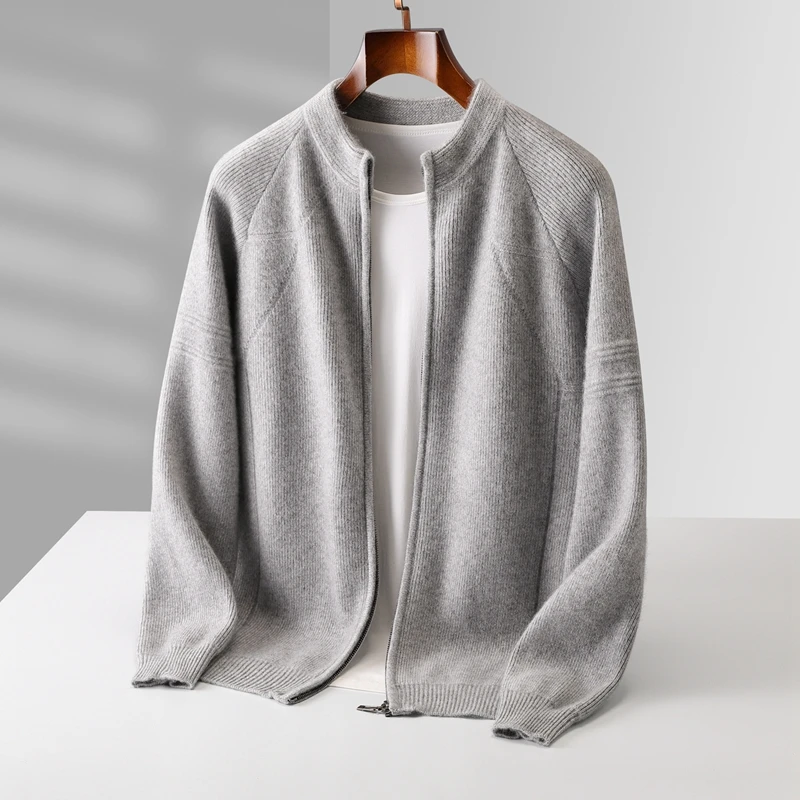 Winter 100% Wool Men's Half-High-Necked Shoulder Cardigan Coat Padded Cashmere Knit Coat