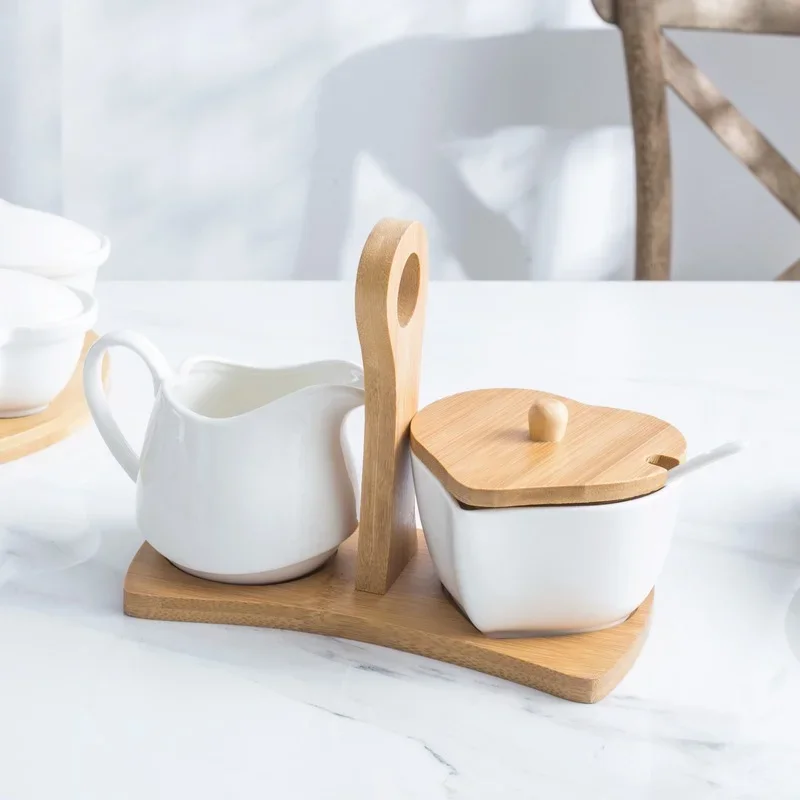 Heart-shaped Pure White Ceramic Sugar Bowl Milk Jug Set with Bamboo Handle Milk Cup Milk Jug PourerPitcher JugPottery Coffee