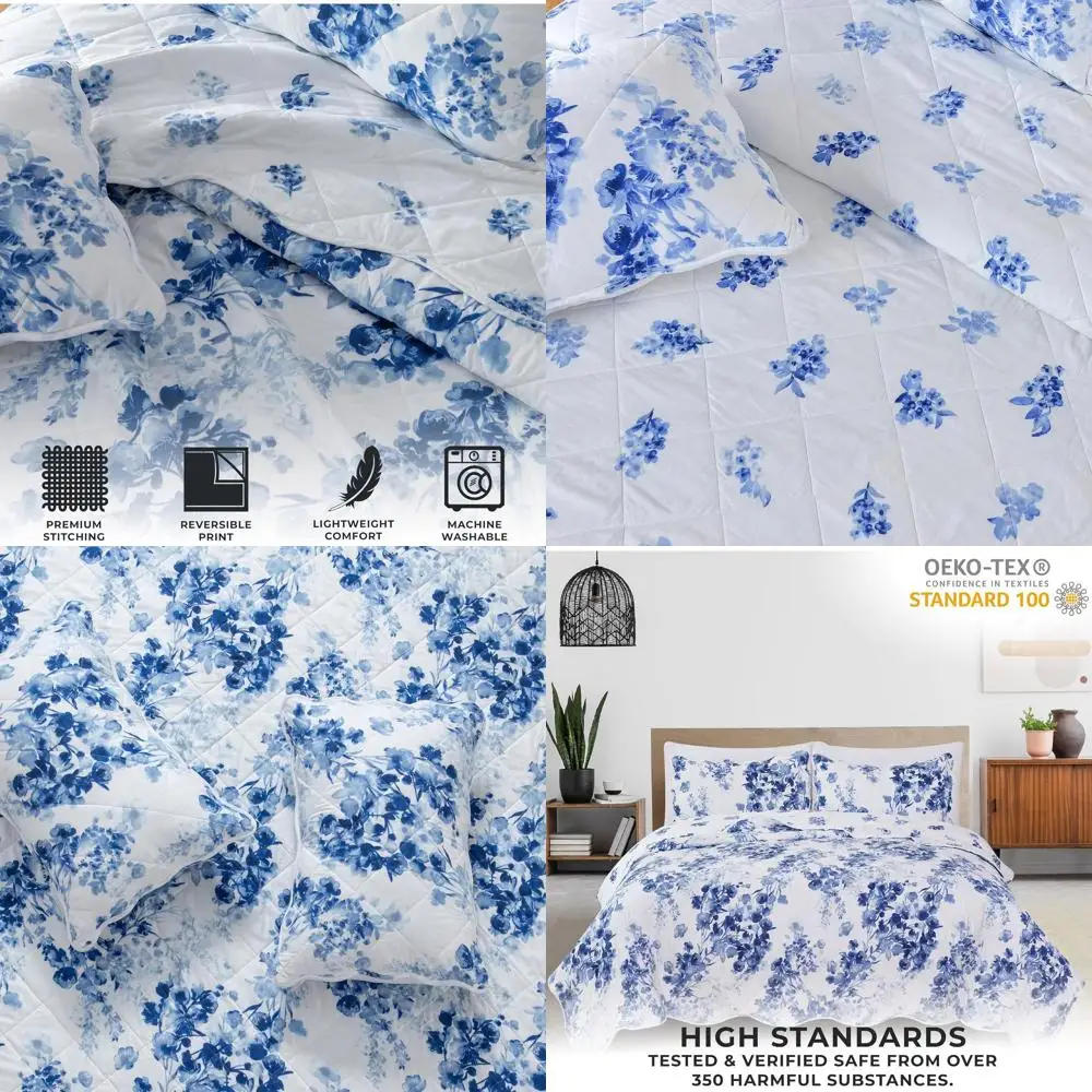 

Blue Floral Reversible Quilt Set with Shams, Lightweight All-Season Bedding, Full/Queen Size, Farmhouse Style (Jacqueline)