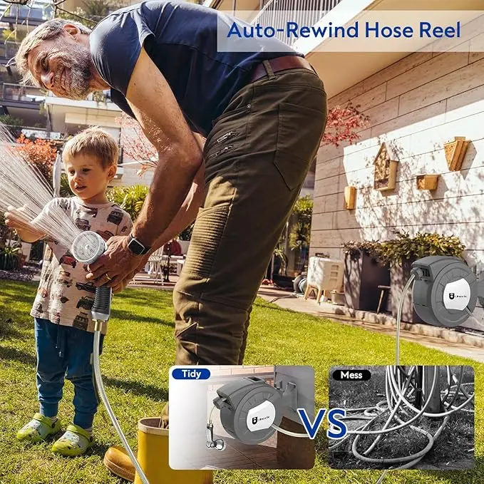 Retractable Garden Hose Reel Wall Mount 130FT 1/2 Inch Lock Any Length 10 Spray Patterns Nozzle