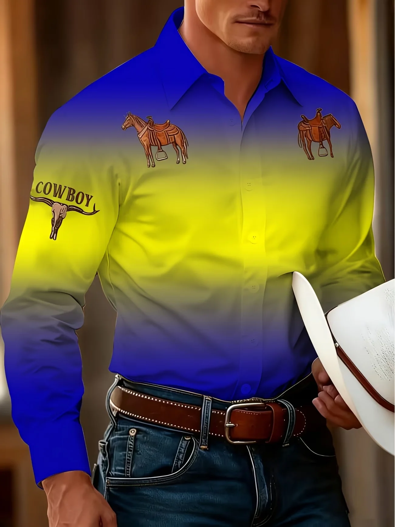 New Purple Orange Gradient Western Denim Printed Men's Long Sleeve Shirt Retro American Style Casual Shirt