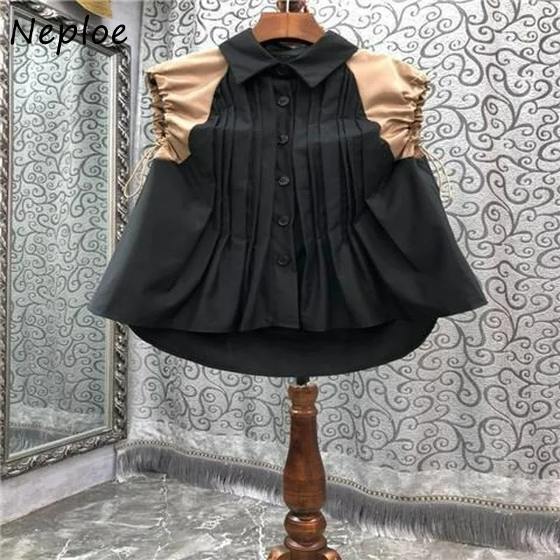 Neploe Turn Down Collar Single-breasted Blouse Pleated Drawstring Patchwork Shirts Korean 2024 Fashion Loose Casual Blusas