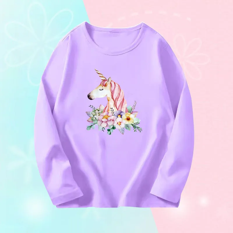 

3~14Years Girl's Spring Autumn T-shirts Baby Girl Long Sleeve Cotton T-shirts Children Purple Cute Unicorn Tee Tops