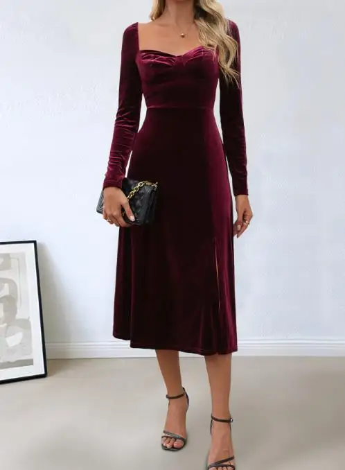 

2025 New Dating Elegant Retro Style Slit Velvet Solid Color Square Neck Dinner Dress