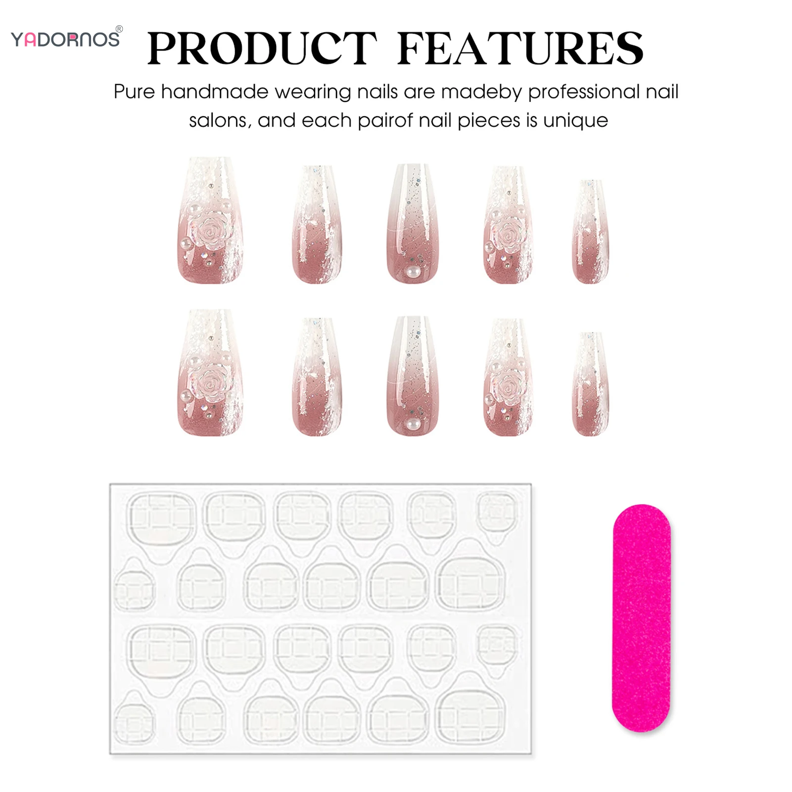 Unhas postiças rosa conjunto com desenhos de camélia e pérolas, feitos à mão, pressione, unhas, longo, balé, wearable, 10pcs