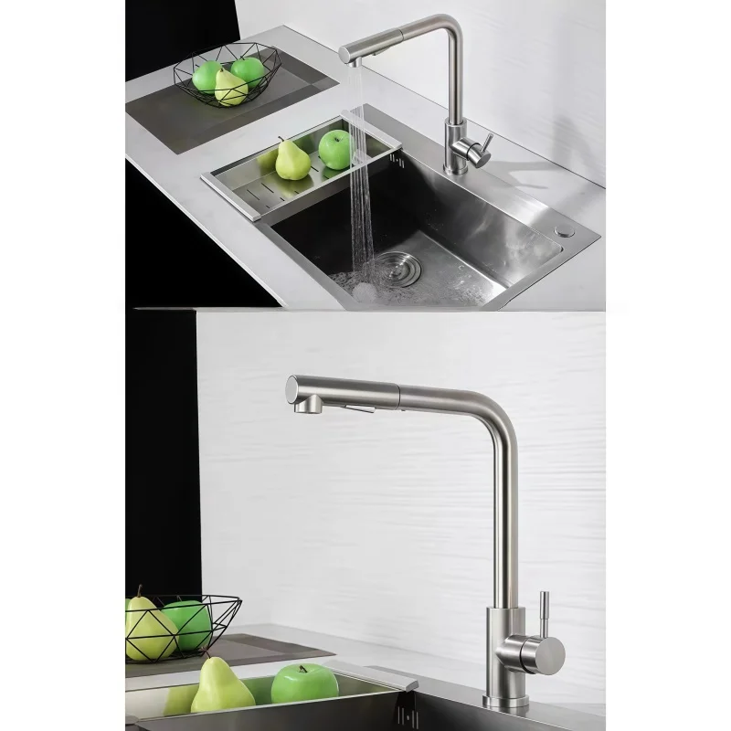 Stainless Steel Kitchen Faucets Pull Out Type Hot and Cold Mixing Tap Sink Basin Faucet 2 Models Nozzle Faucet Deck Mounted