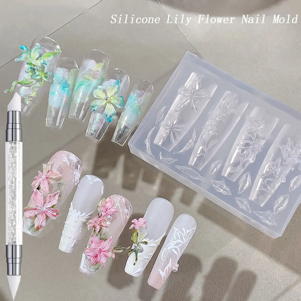 Moldes de silicona para uñas con forma de flor de lirio 3D, 2 uds., con bolígrafo para tallar, plantilla reutilizable para tallar uñas, herramienta de modelado Floral transparente