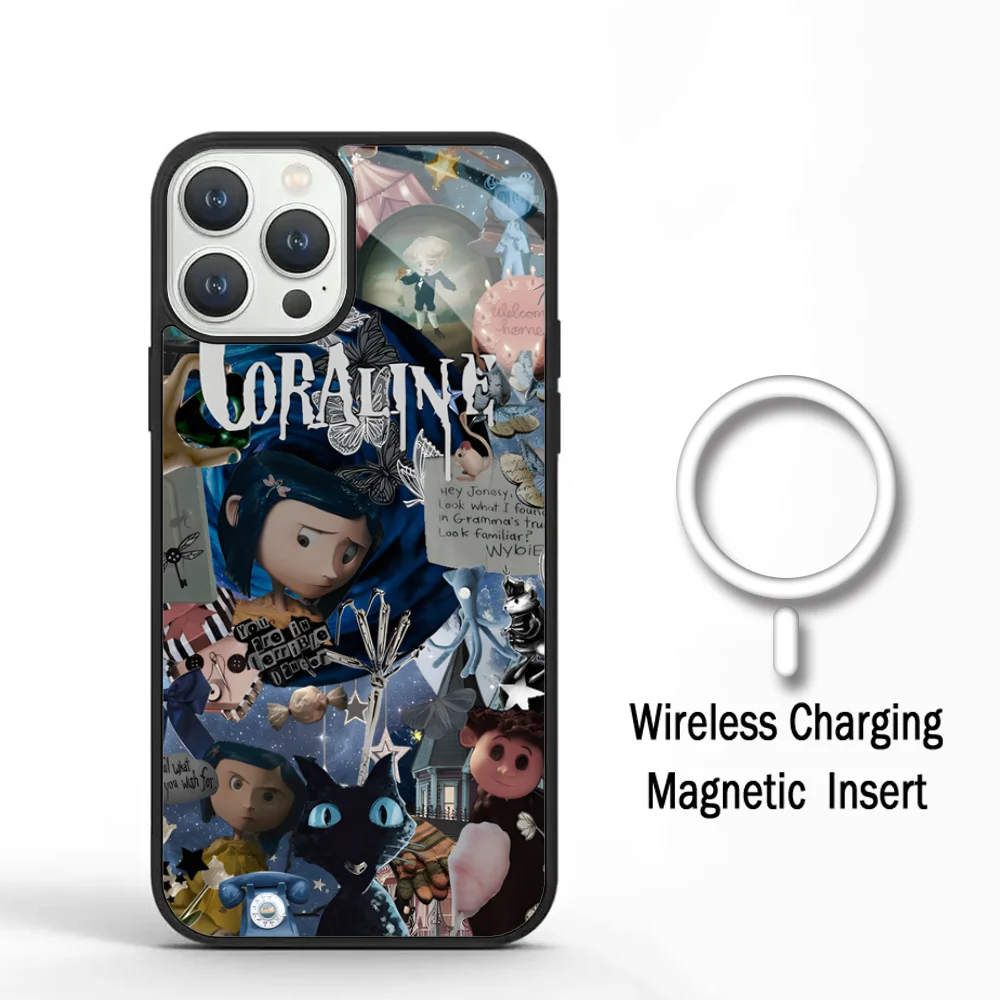 Cartoon C- CoralineS Phone Case For IPhone 11 12 13 14 15 Plus Pro Max Mirror Acrylic Cover For Magsafe Wireless Charging