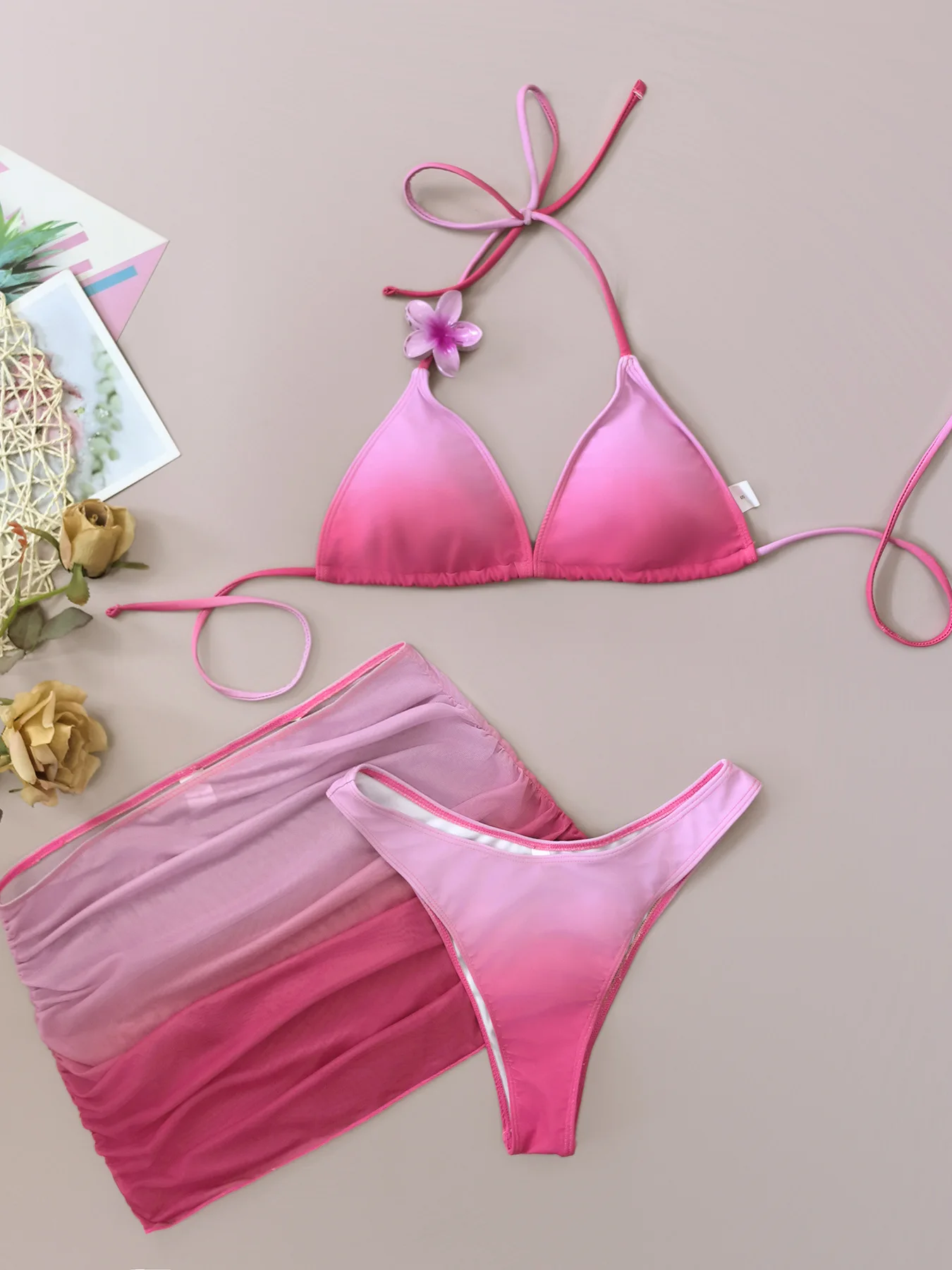 sexy pink gradient bikinis sets three pieces with wrinkled mesh mini skirt swimsuits bathing suit beach outfits biquini bakini