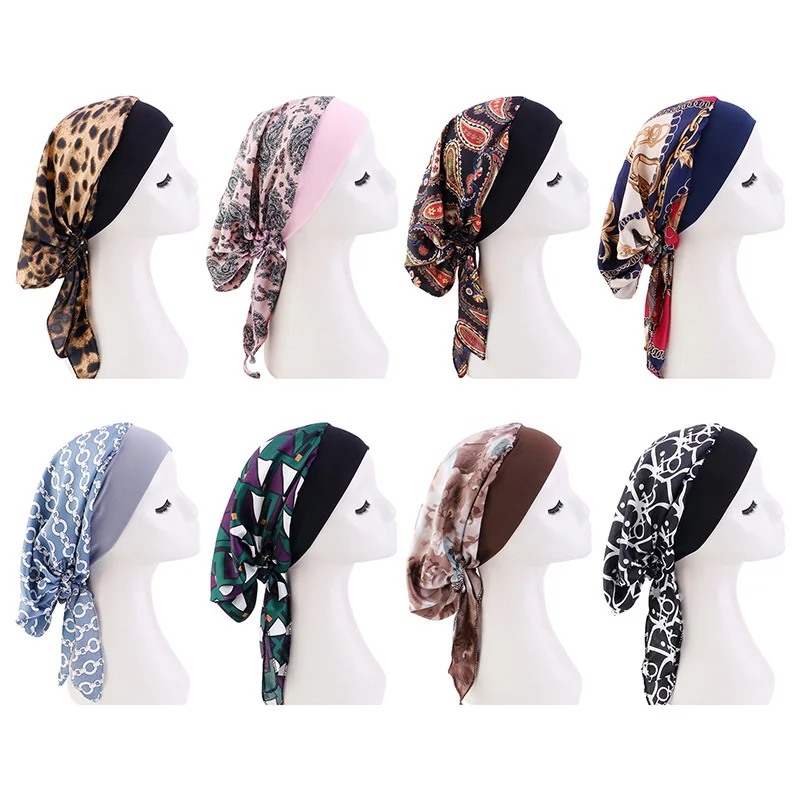 8 Colors Womens Pre-Tied Turban Cap Muslim Hijab Cancer Chemo Flower Print Hat Cover Hair Loss Head Scarf Wrap Strech Bandana