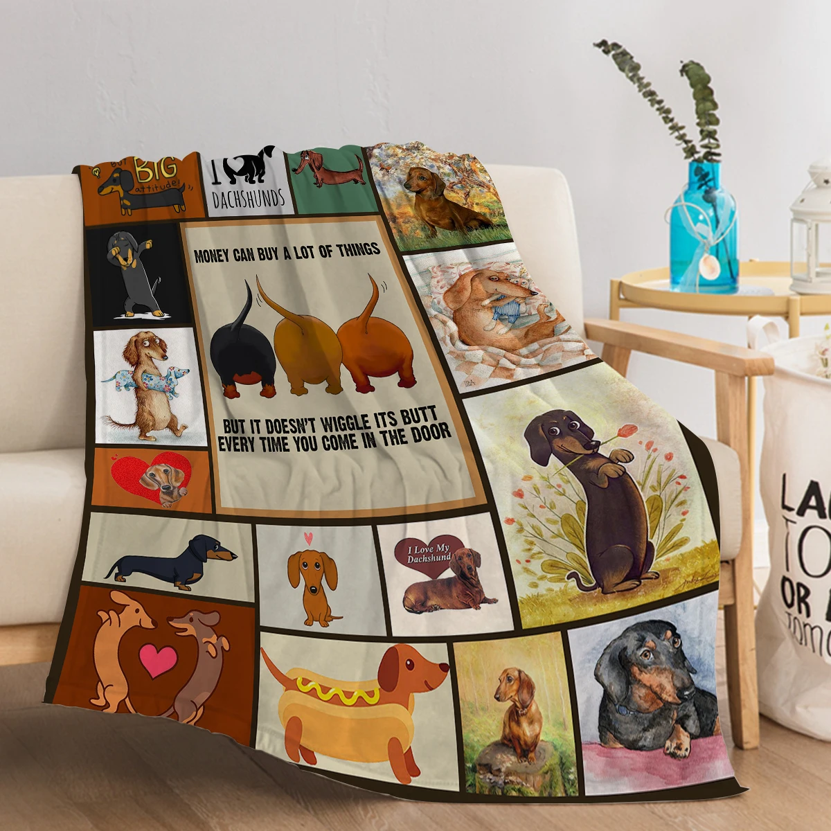 Dachshund ​Blanket for Dog Lover Cute Dachshund Wagging Their Tails Printed Blanket Cozy Blanket for Couch Bed Living Room