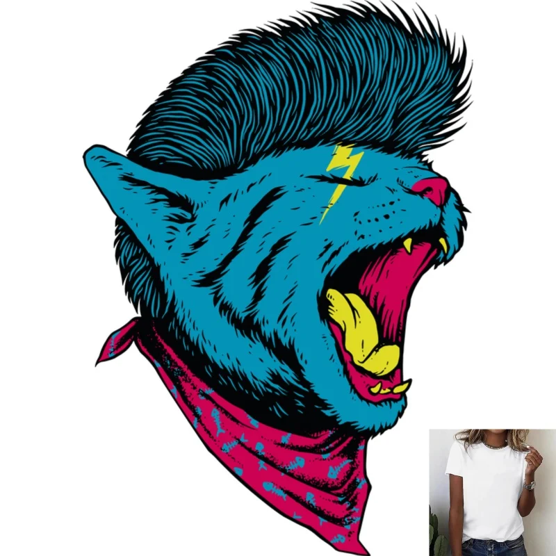 Punk Style Lightning Blue Cat Heat Transfer White Ink Iron-On Patch, Creative Print for T-shirts & Canvas Bags, Streetwear Cool