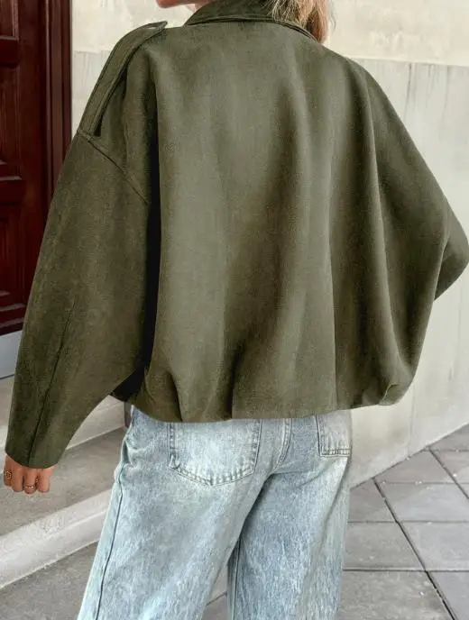 

Персонализированная уличная модная куртка из искусственной замши, женская куртка в стиле милитари с зелеными лацканами, осенняя повседневная британская мотоциклетная куртка