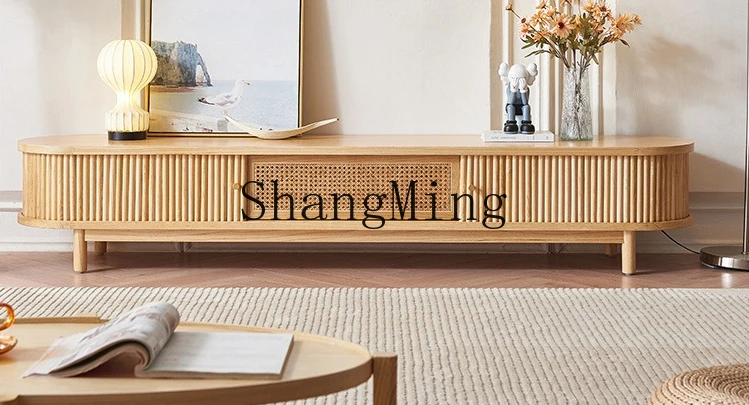 

FG retro rattan TV cabinet ash wood household small apartment living room solid wood rolling shutter door audio-visual cabinet