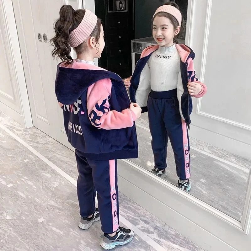 Girl Outfit Winter Toddler Girls Plus Velvet Hooded Cardigan Sweatshirt &Pants Students Sport Tracksuit Boutique Girls Clothes