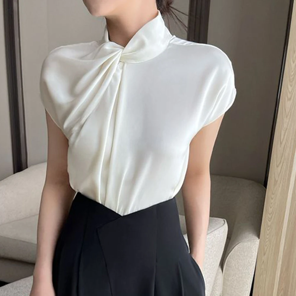 

OL commuter French design irregular satin shirt women's 2025 summer new white chic slim top