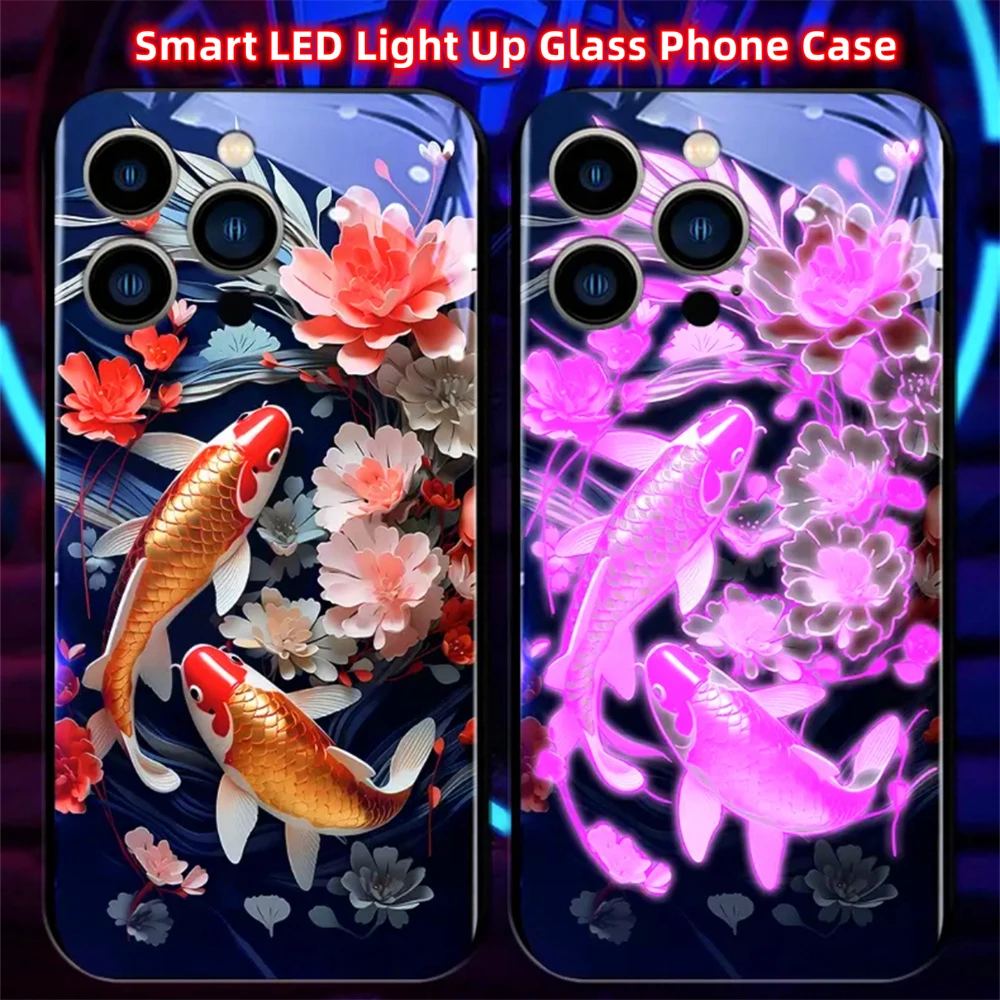 2026 Lucky Carps Lotus Smart LED Light Glow Tempered Glass Phone Case For iPhone Air 17 16 E 15 14 13 12 11 Pro Max Plus SE