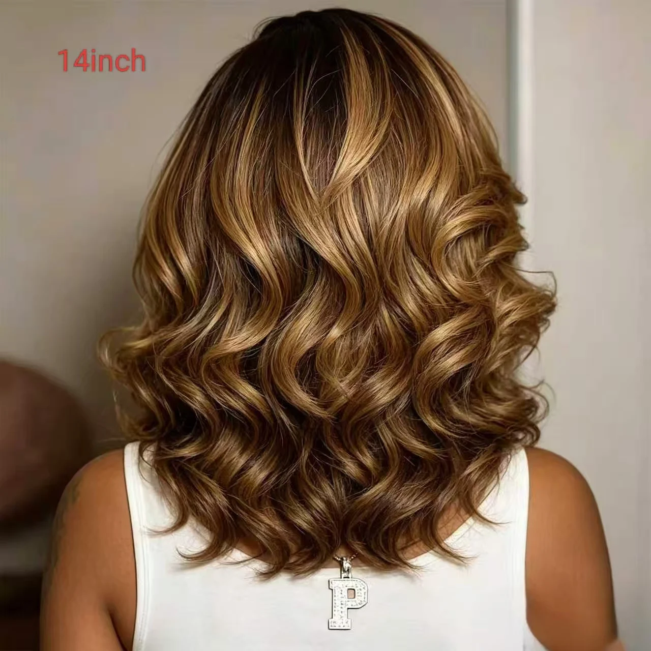 Ladies' 14-inch Honey Golden Brown Gradient Highlight Big Wave Bob Wig, for Daily and Holiday Outings, Halloween Wig