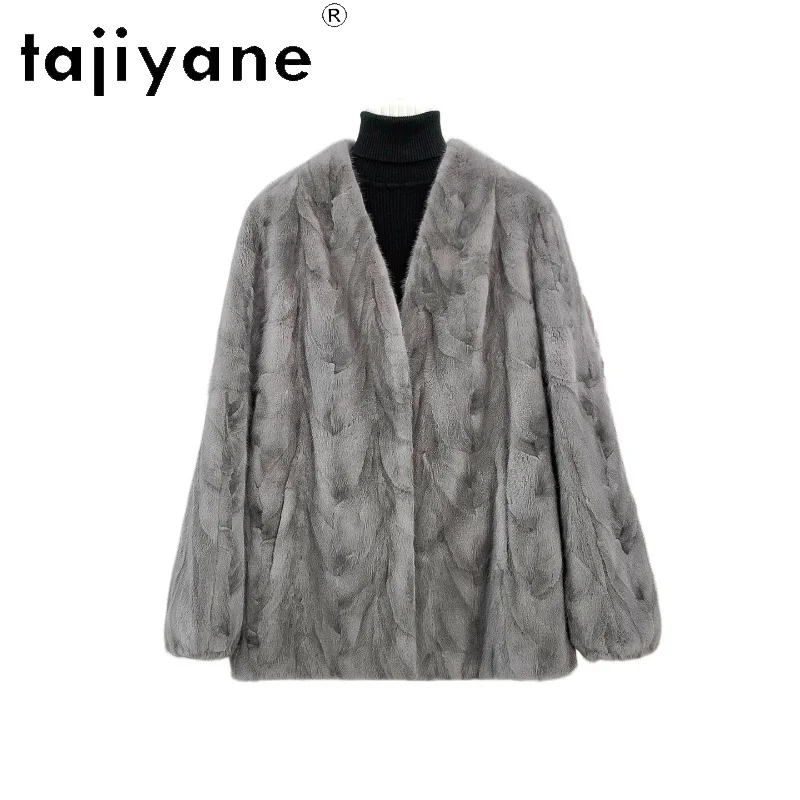

TAJIYANE 100% Natural Mink Fur Coat Women Stylish Gray V-neck Real Fur Jackets 2025 New Coats Winter Woman Clothing шуба женская