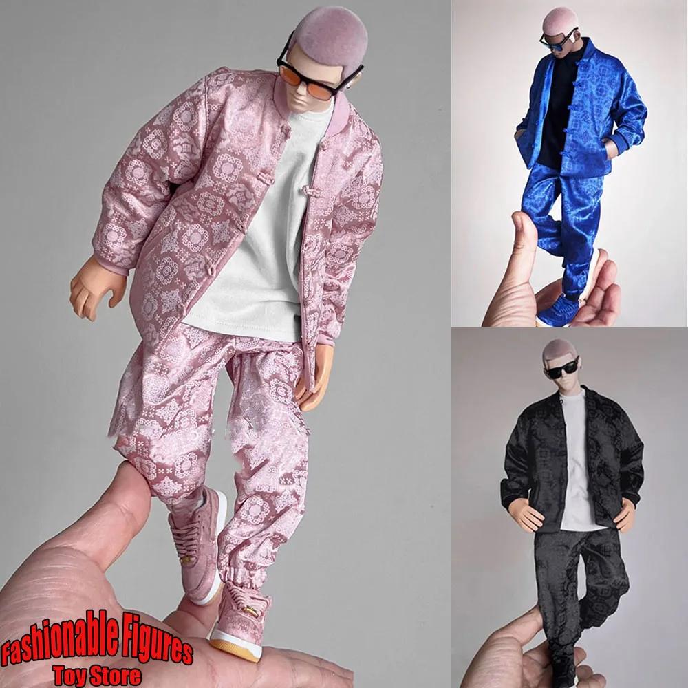 

1/6 Men Soldier Satin Silk Printed Coat Pants Hip Hop Chinese Style Tang Suit Fit 12Inch Action Figure Body Model Toys