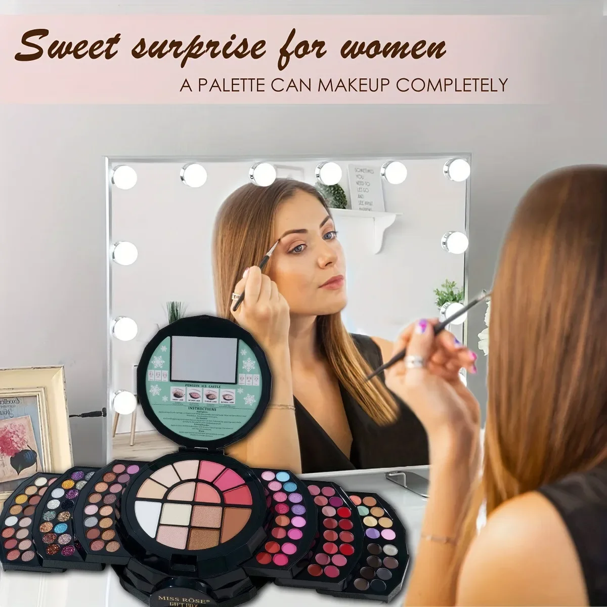 لوحة مكياج MISSROSE متعددة الألوان مع أحمر شفاه ظلال عيون وأحمر خدود ومجموعة بودرة عالية اللمعان تتضمن مرآة
