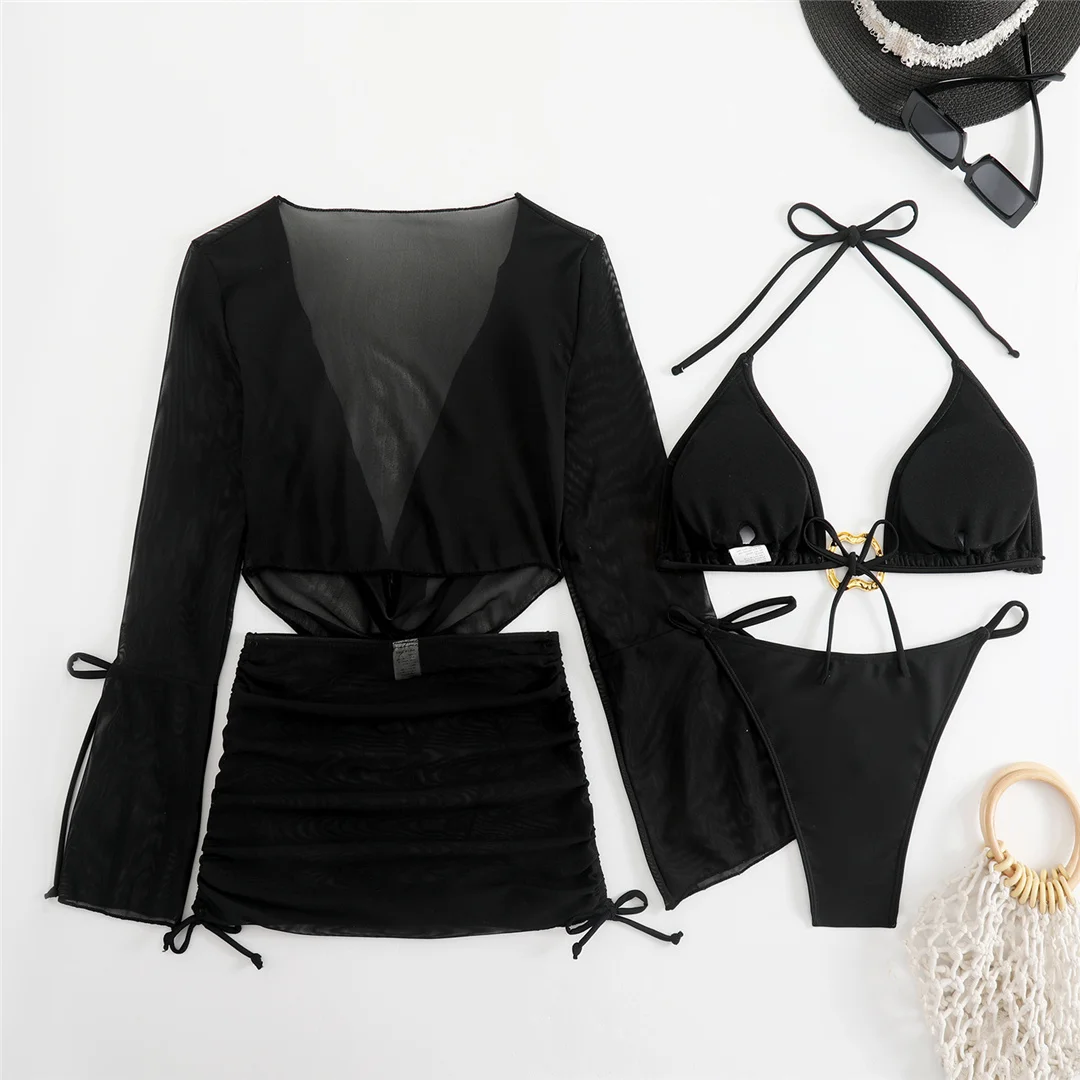 3-teiliges weißes Bikini-Set mit langen Ärmeln, Rock und Badeanzug für Damen, Badebekleidung, vierteiliges Bikini-Set, Badeanzug, Badebekleidung, Schwimmanzug V7015 – Detail 14