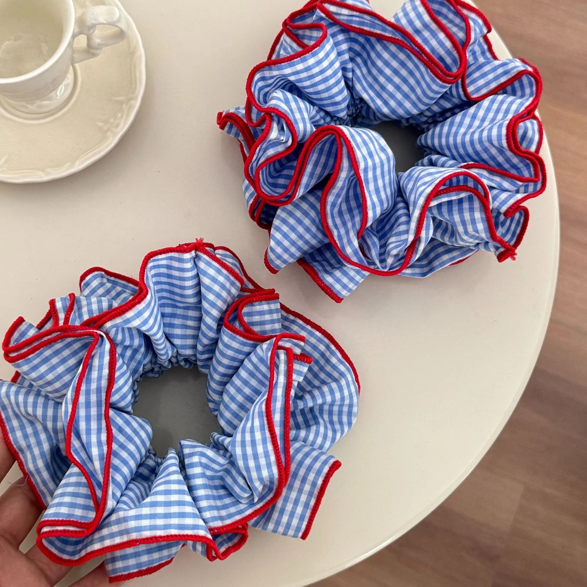

1pc red and blue contrasting color blue checkered large intestine hair tie, voluminous hair ring elastic checked hair band