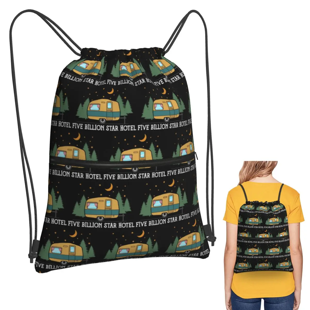 

Camping Happy Camper Backpacks Casual Drawstring Bags Sports Bag Book Bags for Man Woman School