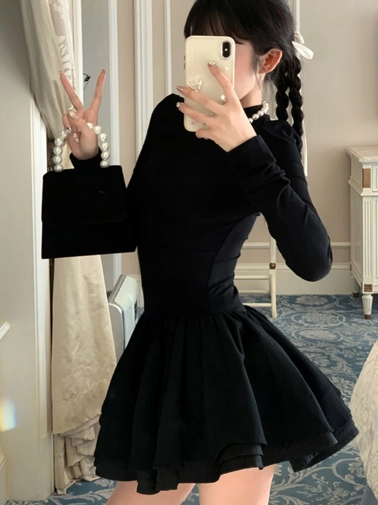 Elegant Solid Knitted Dress Women Long Sleeve Half High Collar A-line Mini Dresses Autumn Winter Birthday Party Vestidos Trend