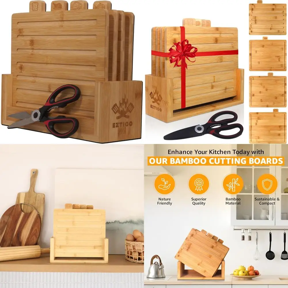 

Bamboo 4-Piece Cutting Board Set with Premium Scissors, Charcuterie Boards for Chopping, BPA-Free, Essential Kitchen Tools 2025
