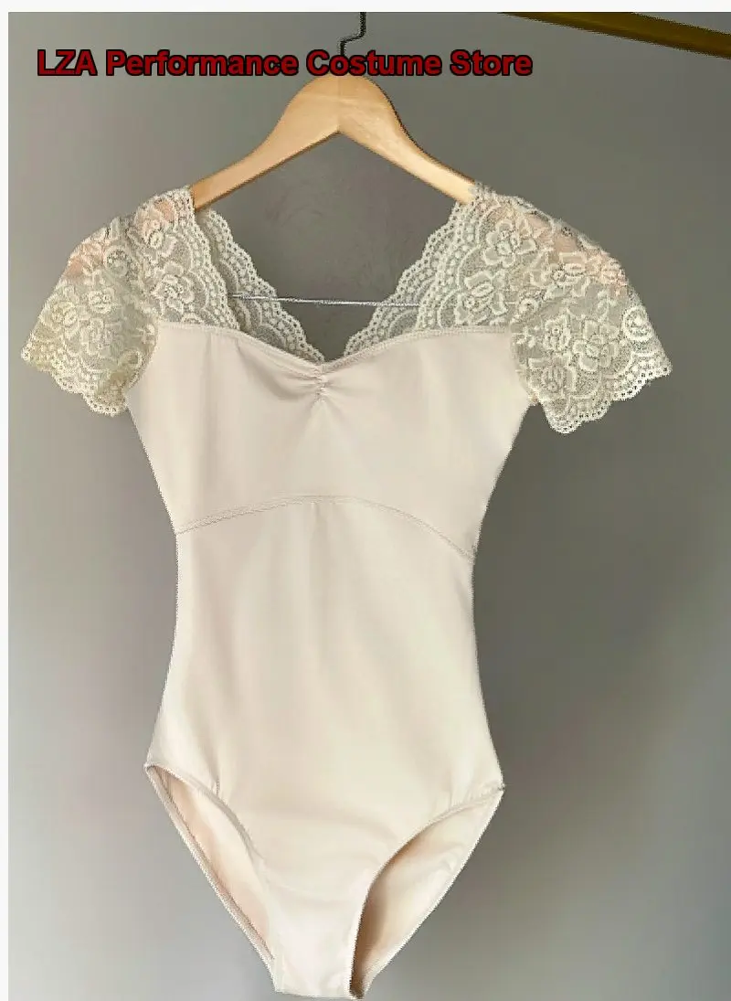 Lanbo Lace Patchwork Body Suit Short Sleeves Dance Gymnastics Women's Adult Art Exam Basic Training