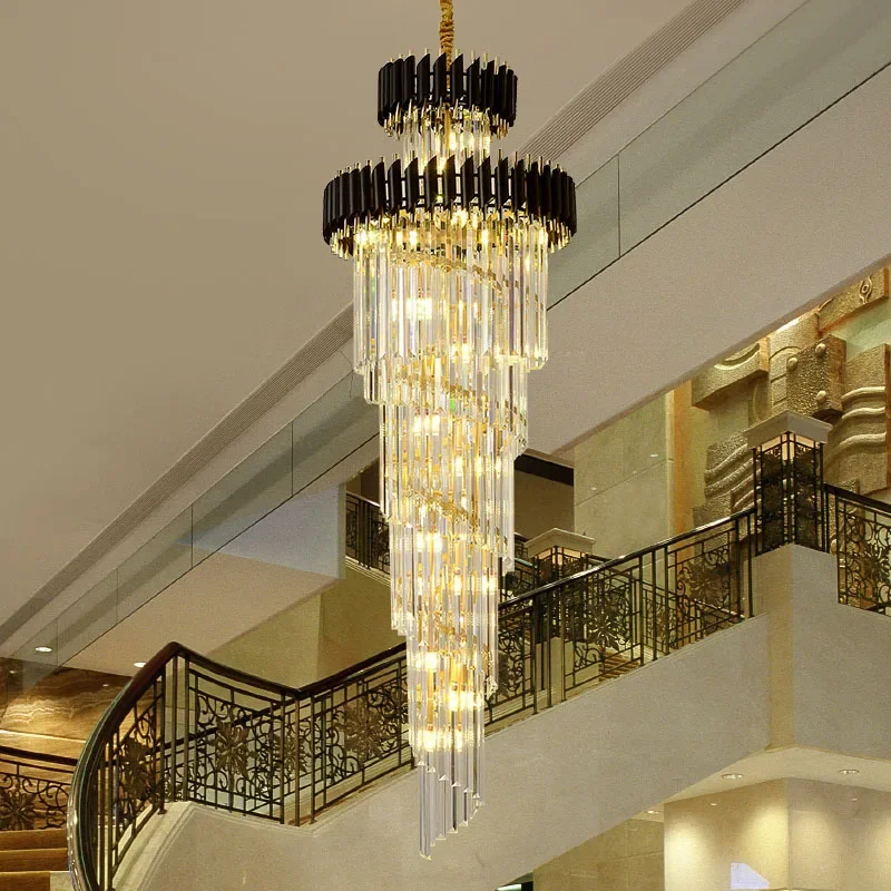 

Luxury Crystal Chandelier for Stair Long Loft Black and Gold Cristal Light Fixture Villa Lobby Living Room Decor Hang Lighting