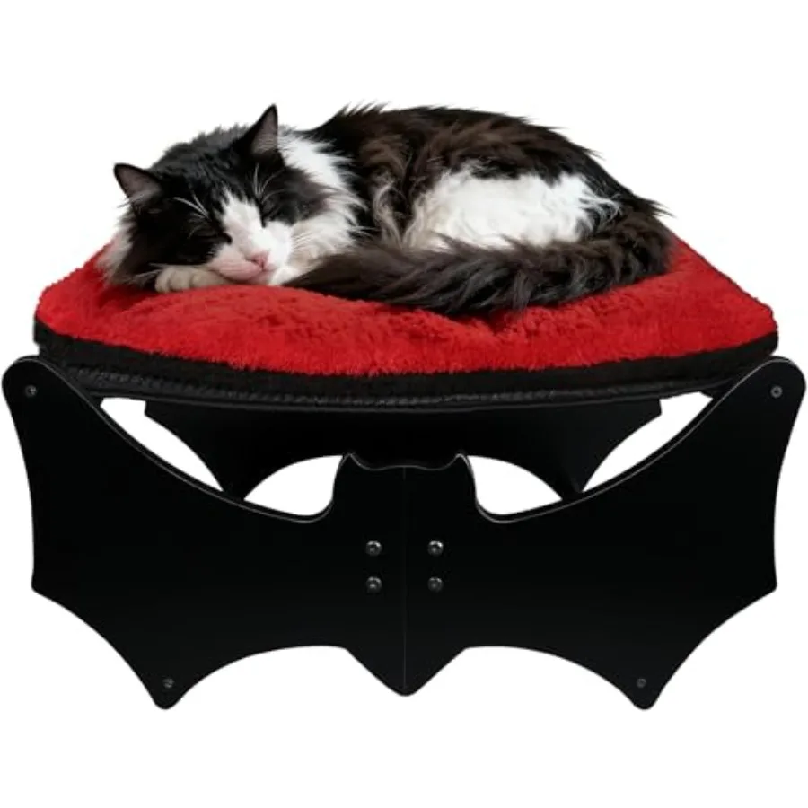 

Gothic Cat Bed with Bat Design, Wooden Elevated Cat Beds with Sisal Scratching Mat, Cats Scratcher Bed with Removable Fluffy Cu