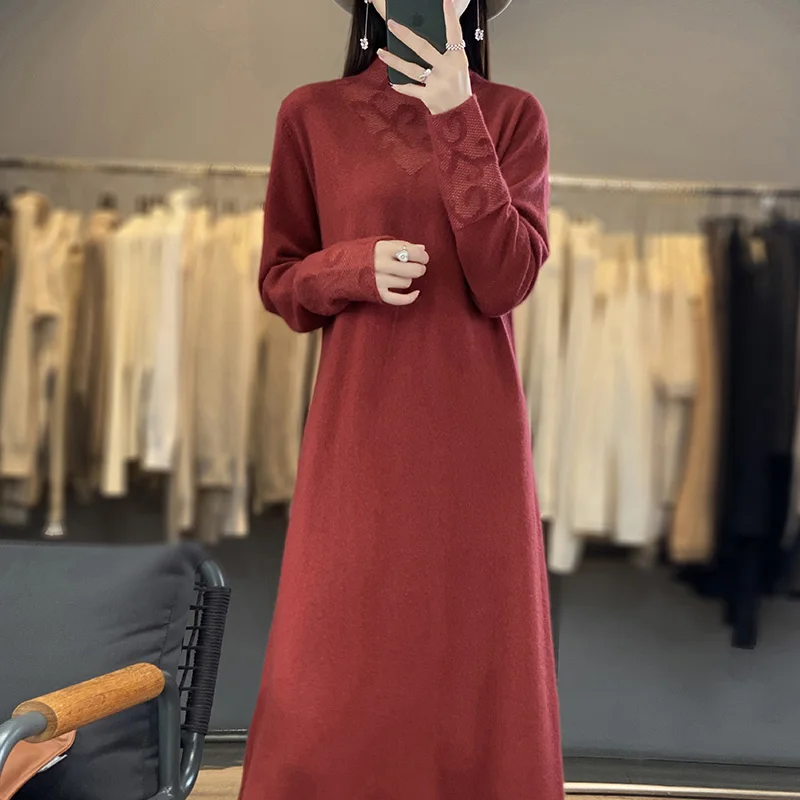 

Knitted Dresses Long Sleeve Chinese Style Cashmere Skirts For Women Skirts Plus Size Women Long Elegant Dress Embroidery Sweater