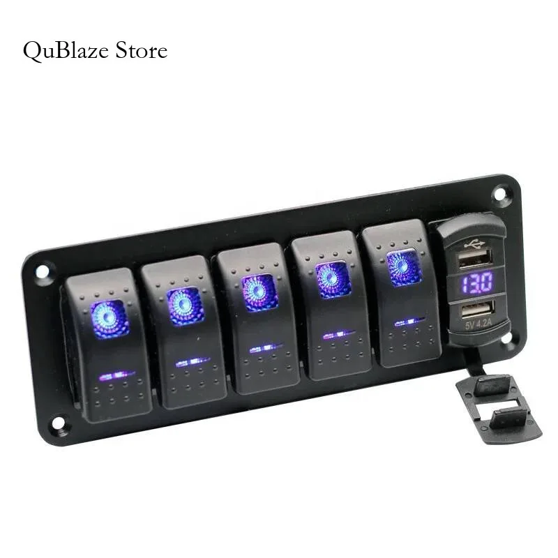 

5 Gang Panel 4.8 Amp Dual USB Charger Voltmeter Waterproof 12V 24V DC Rocker Switch With Night Glow Stickers