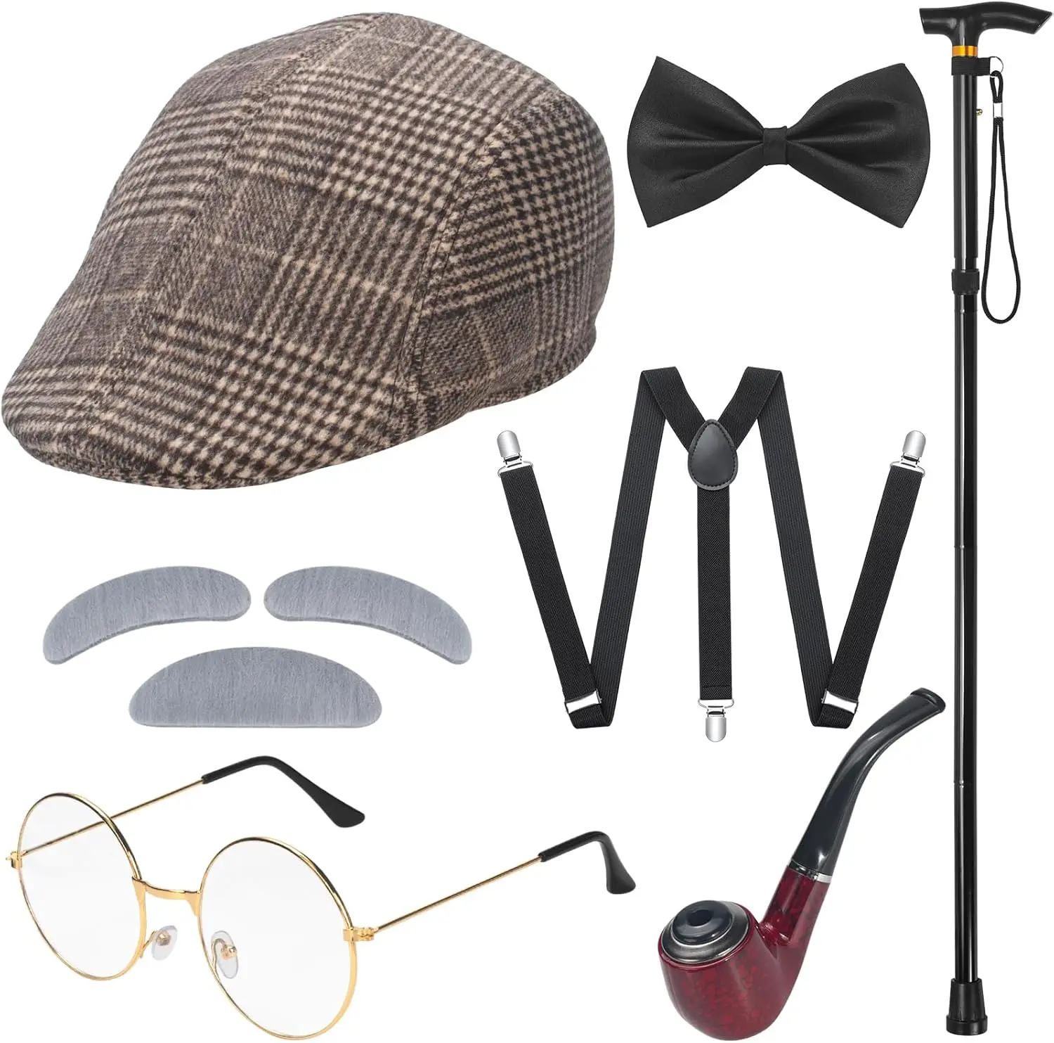 Disfraz de 100 Días de Escuela, Disfraz de Anciano, Accesorios de Abuelo, Sombrero Boina, Disfraz de Gangster Gatsby para Hombre de los Años 20