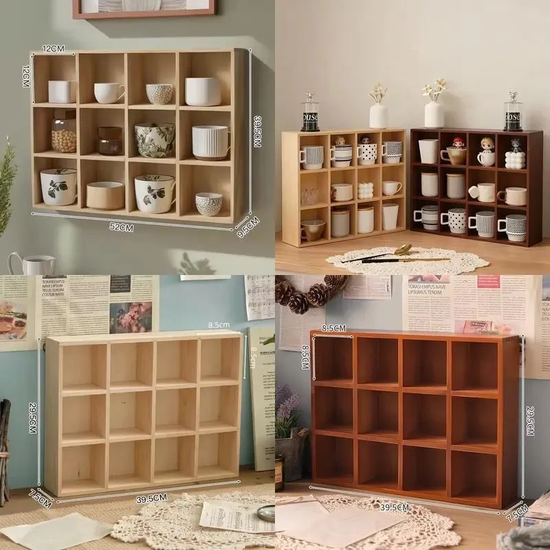 12 Grid Wooden Hanging Display Stand for Cups Figurines Simple Retro Wall Desktop Shelf Organizer Storage Rack