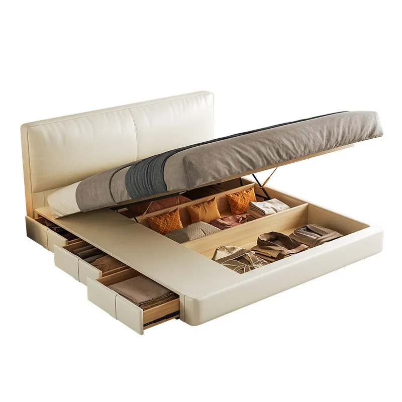 

Nordic light luxury tofu cubes small apartment double master bedroom storage bed with drawers high box storage leather bed