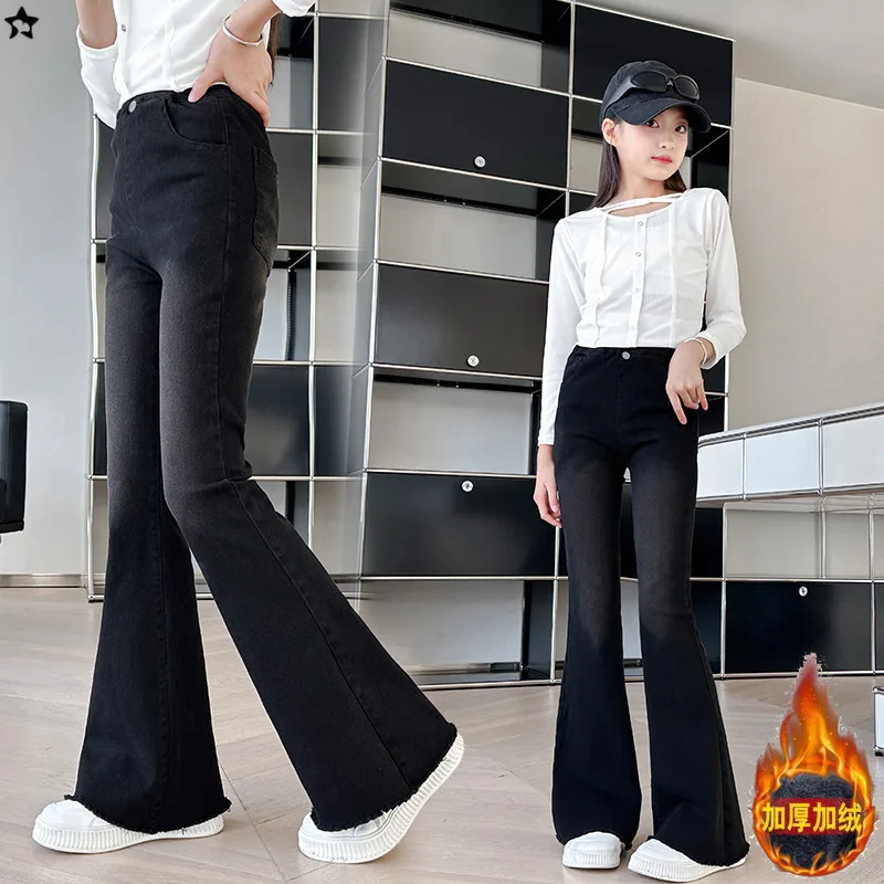 

Girls' Fashion Slim-Fit Jeans, Black Spray-White Flare Denim Pants, Plush Inside Winter Long Pants, Suitable for Ages 7-14