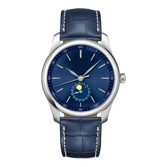 Luxury New Mens Watch Moon Phase Mechanical Automatic Master 904L Steel Blue Brown Leather Collection 40mm Watches