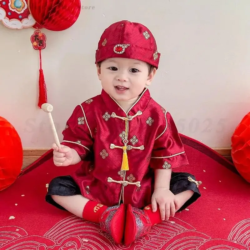 

2025 aaa Kids Baby Traditional Tang Suit Summer Short Sleeves Chinese Spring Festival Costume New Hanfu Clothing One-Year-O