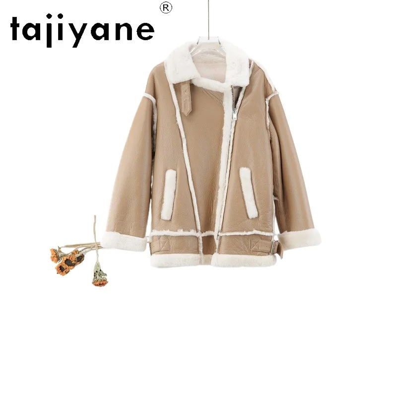 TAJIYANE Natural Merino Sheep Fur Shearling Jackets Biker Coats for Woman Lapel Real Fur Coat Thick Winter Clothes Warm Шуба New