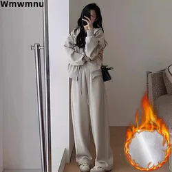 Fall Winter Plush Velvet Lined Women Tracksuit Casual Hooded Sweatshirt 2 Piece Set Lace Up High Waist Baggy Wide Leg Pants Suit