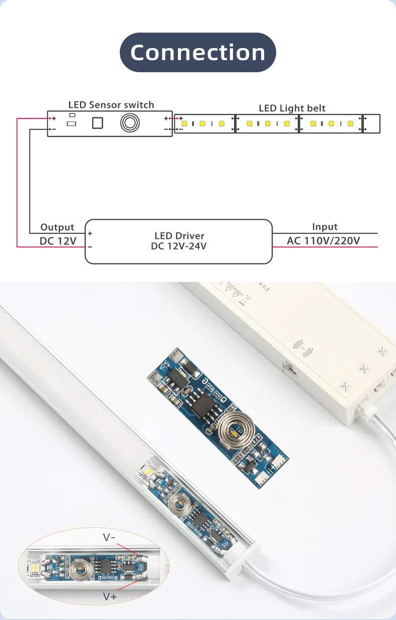 Berührungsschalter DC 12V 24V, einstellbarer Helligkeitsregler, geeignet für LED-Lichtleisten in Heimschränken. – Detail 5