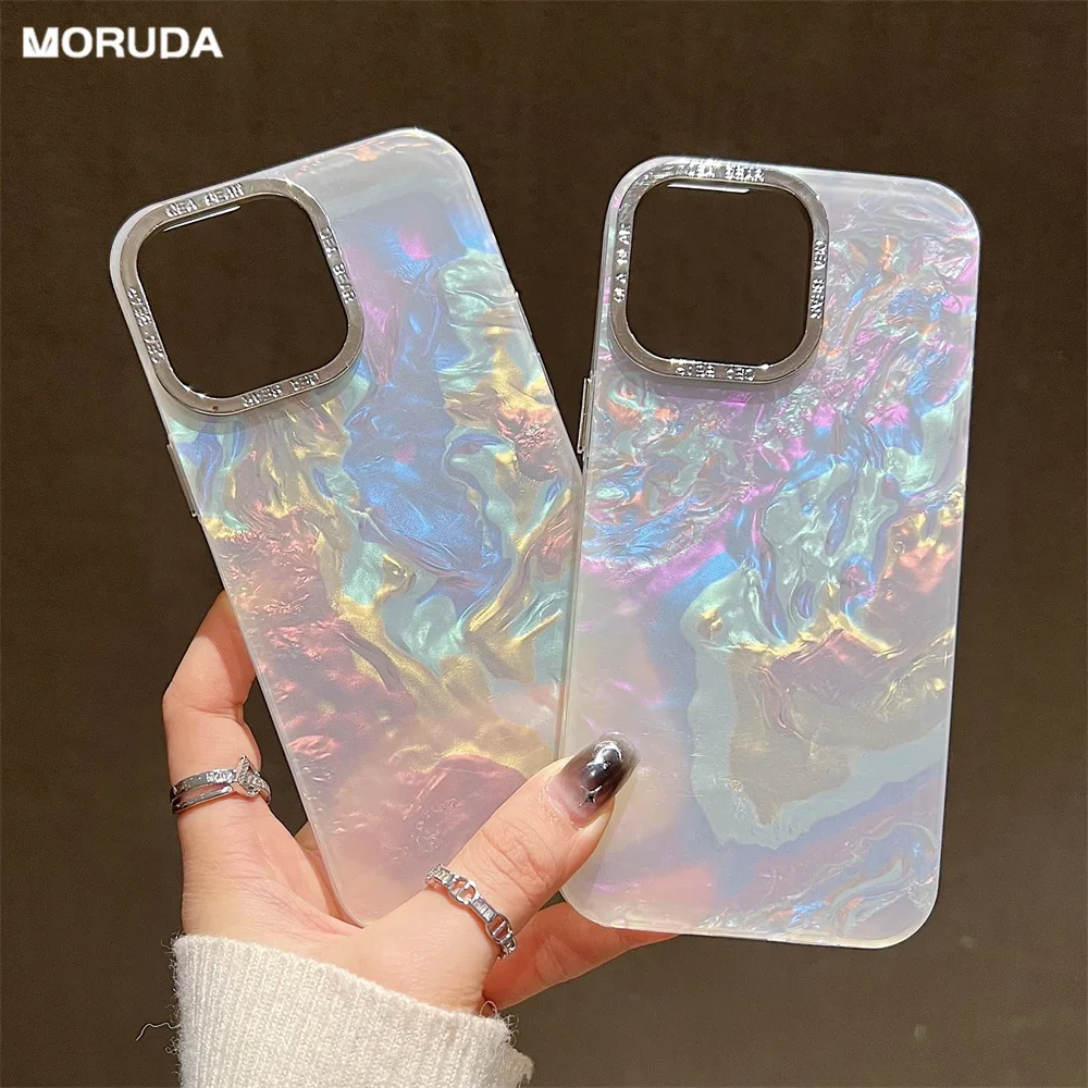 Luxury Shell Laser Case for iPhone 14 15 16 Pro Max 12 11 13 Pro Plating Aurora Cover For iPhone 15 Plus Hard Shockproof Cover