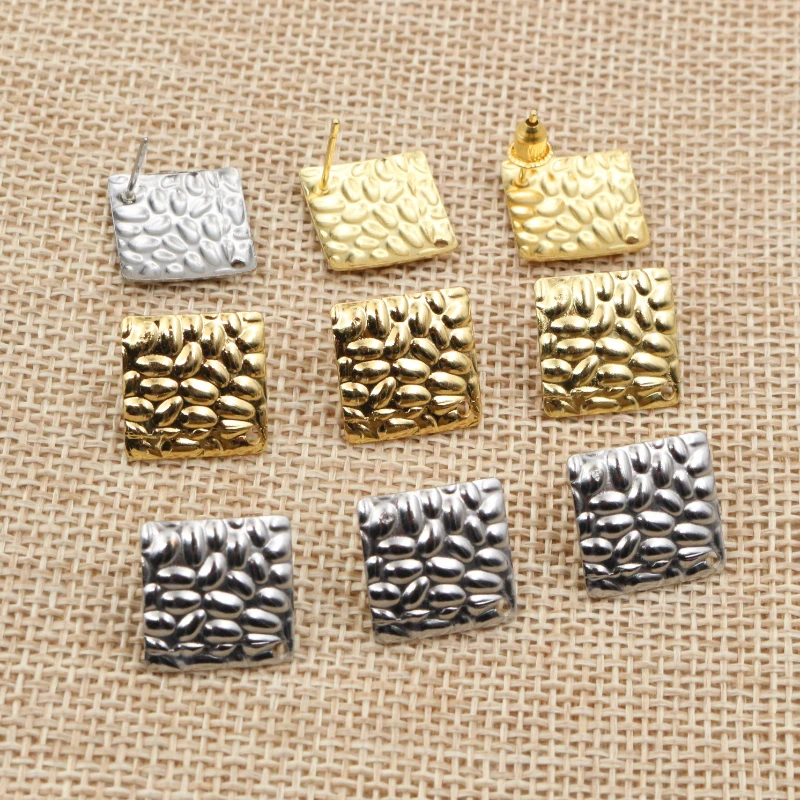 20pcs 14mm Square 316 Stainless Steel Gold Plated Pin Stud Earring With Hole Connector For DIY Jewelry Making Supplies Findings