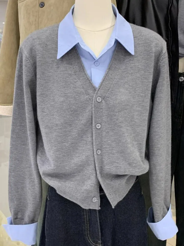 

Korean Sle Casual Long Sve Knitted Cardigan Comfortable Splicing Design Sensation Slimming Effect Faionable Sweater