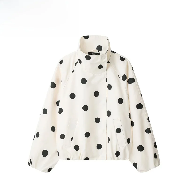 Fashionable Polka Dot Pilot Jacket Women's Short Outerwear Casual Loose Fit Polyester Fiber Long Sleeve Zipper Closure Coat