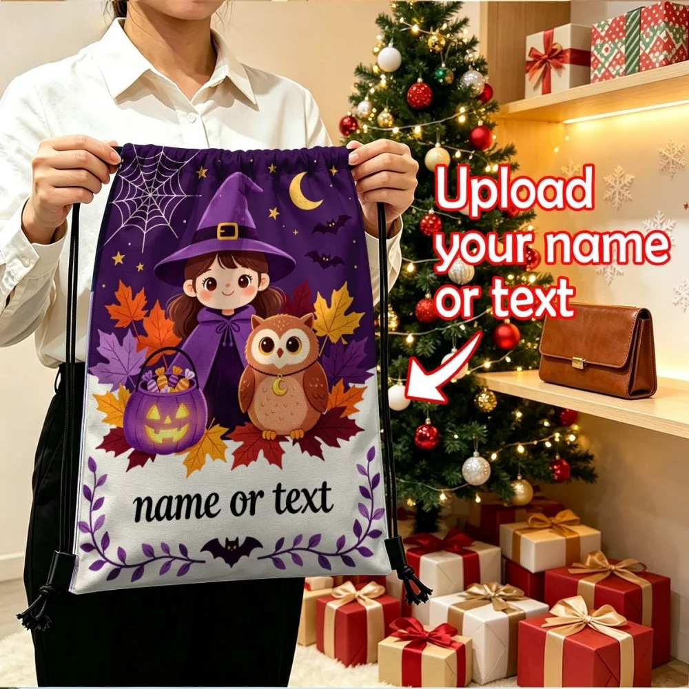 1Pc Custom Name/Text Drawstring Backpack, Little Witch and Owl Pumpkin Design Gift Storage Bag, Suitable for Halloween Party