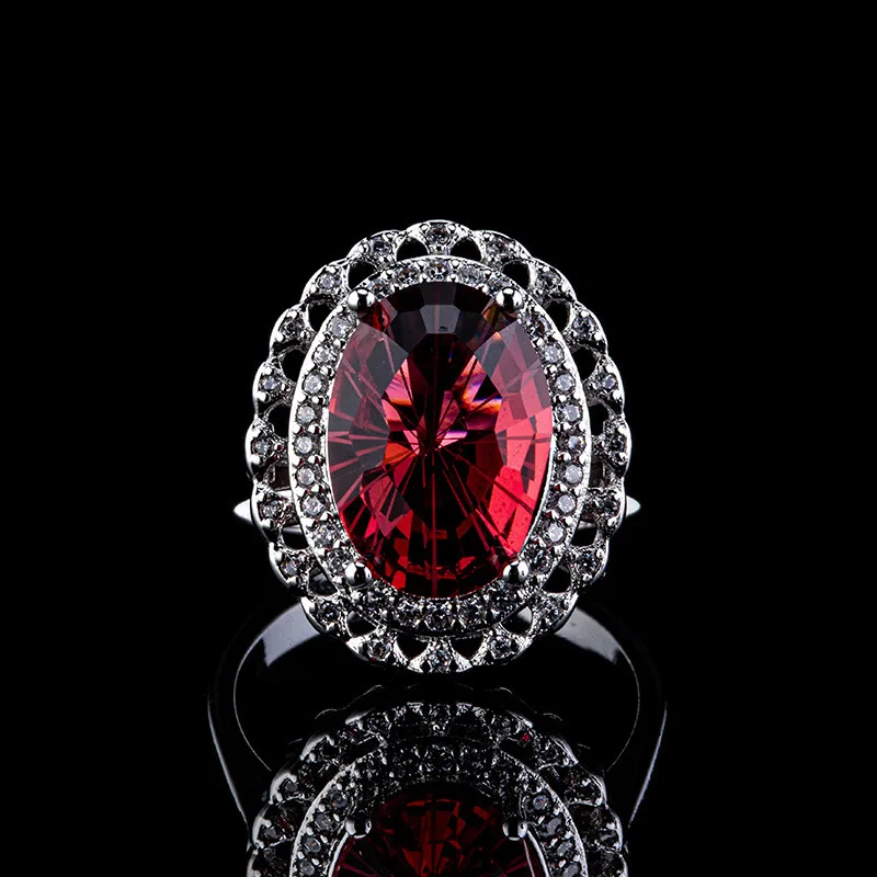 خاتم عصري راقي من الفضة عيار 925 مرصع بالألماس والأحجار الكريمة الخضراء للنساء هدايا مجوهرات الزفاف على شكل زهرة حمراء وزرقاء بيضاوية #4